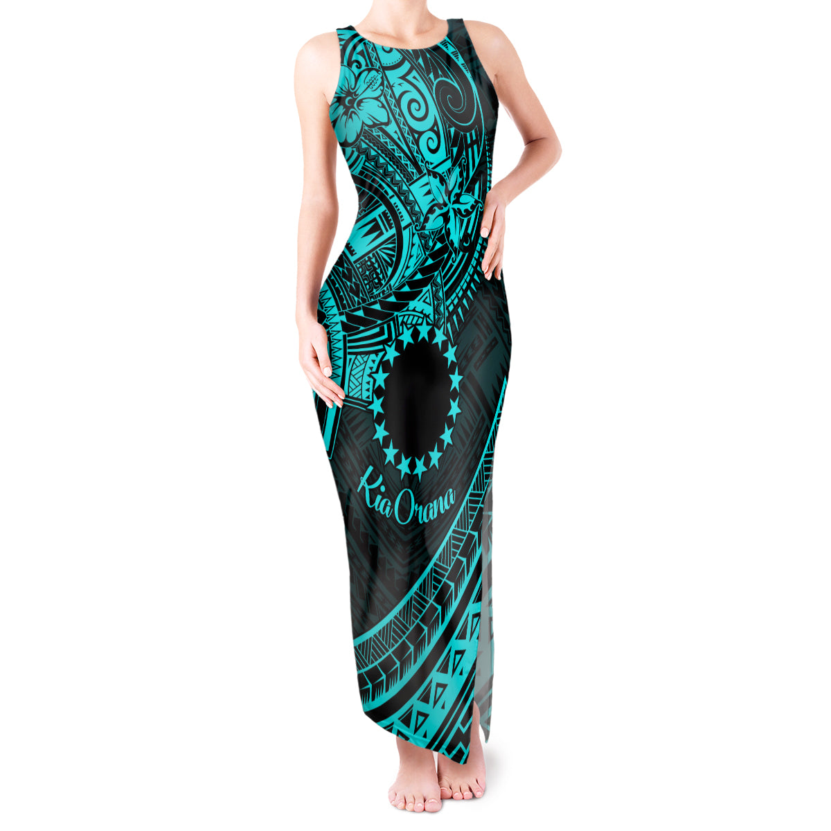 Kia Orana Cook Islands Tank Maxi Dress Circle Stars With Floral Turquoise Pattern LT01 Women Turquoise - Polynesian Pride