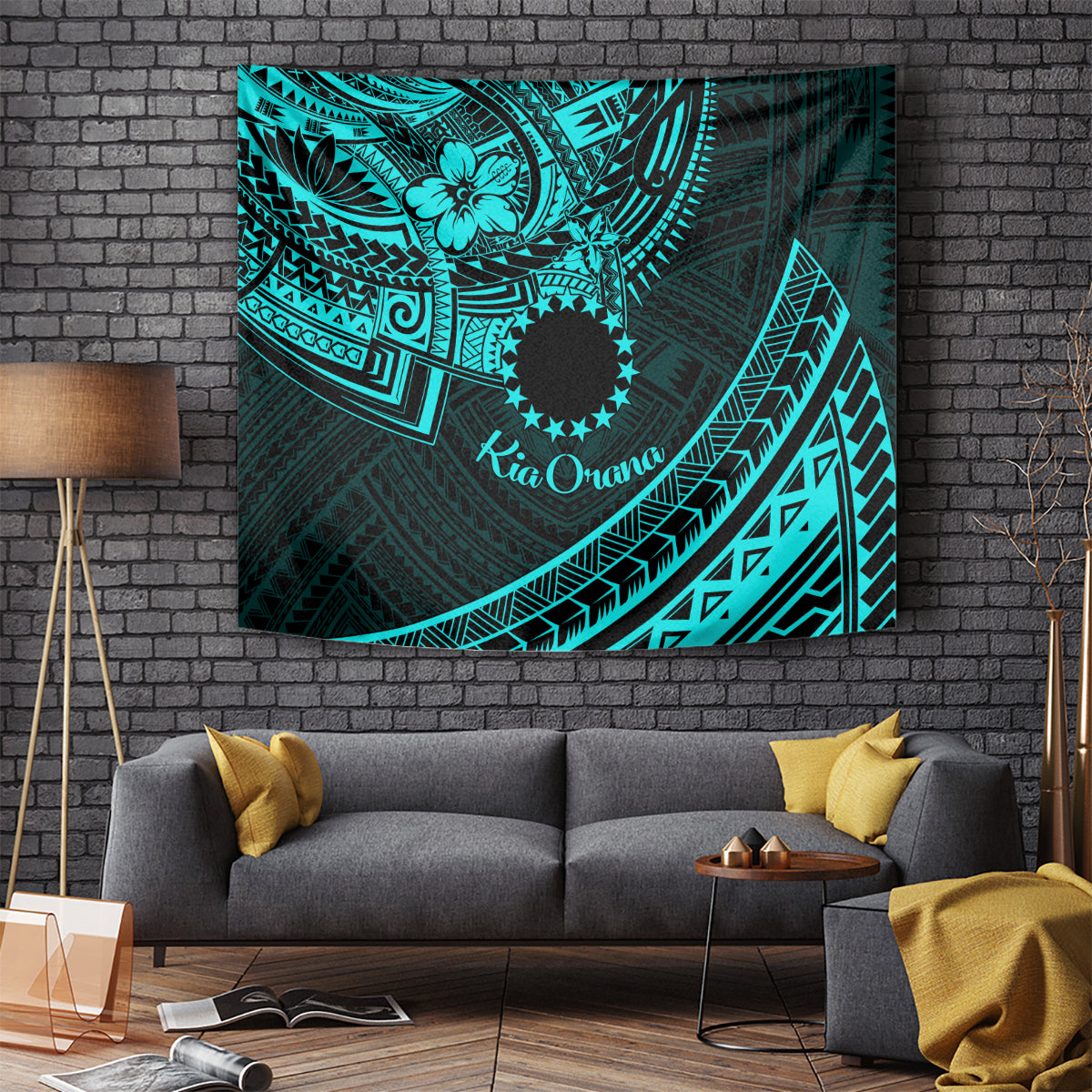 Kia Orana Cook Islands Tapestry Circle Stars With Floral Turquoise Pattern LT01 Turquoise - Polynesian Pride