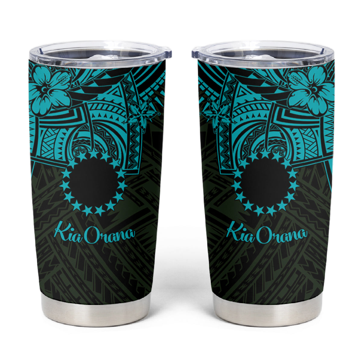 Kia Orana Cook Islands Tumbler Cup Circle Stars With Floral Turquoise Pattern