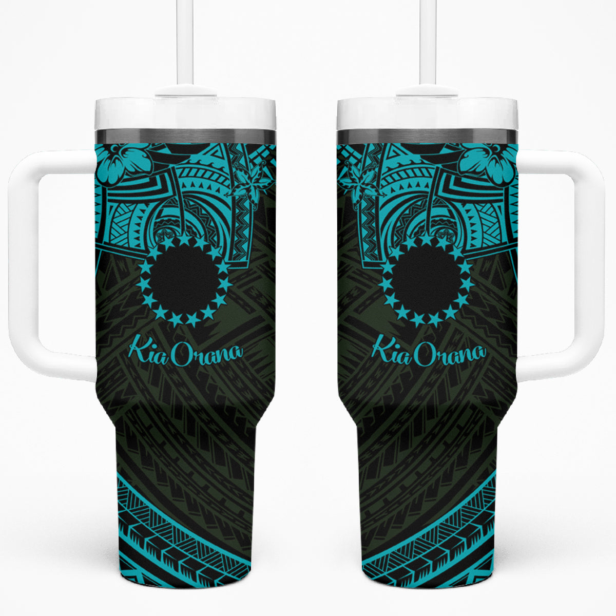 Kia Orana Cook Islands Tumbler With Handle Circle Stars With Floral Turquoise Pattern