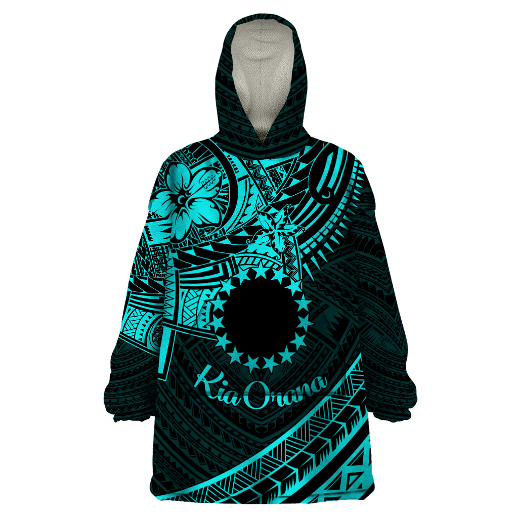 Kia Orana Cook Islands Wearable Blanket Hoodie Circle Stars With Floral Turquoise Pattern LT01 One Size Turquoise - Polynesian Pride