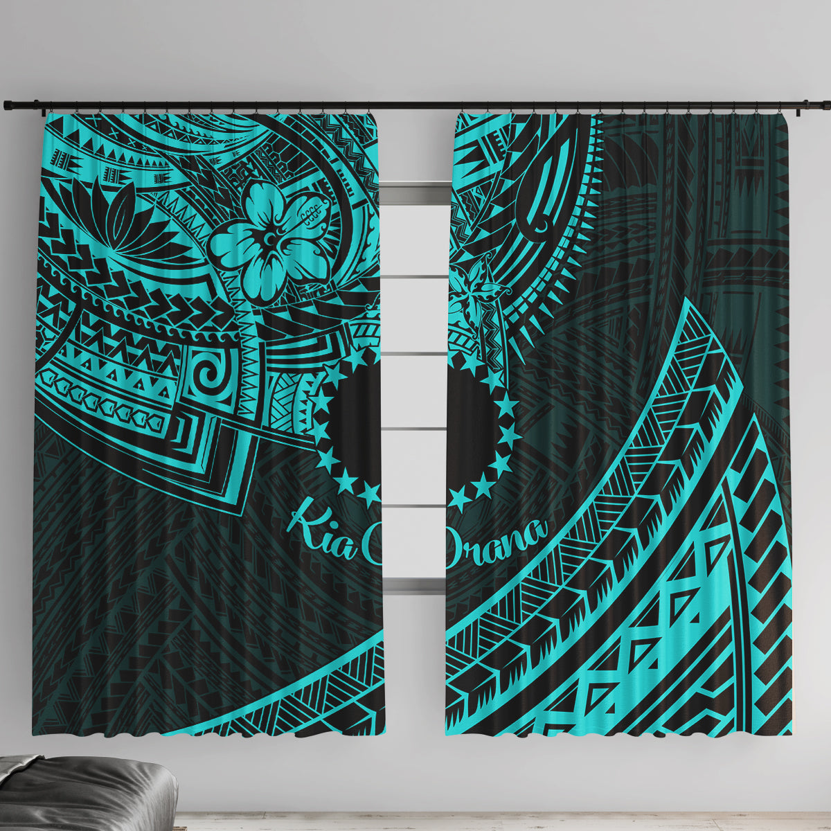 Kia Orana Cook Islands Window Curtain Circle Stars With Floral Turquoise Pattern LT01 With Hooks Turquoise - Polynesian Pride