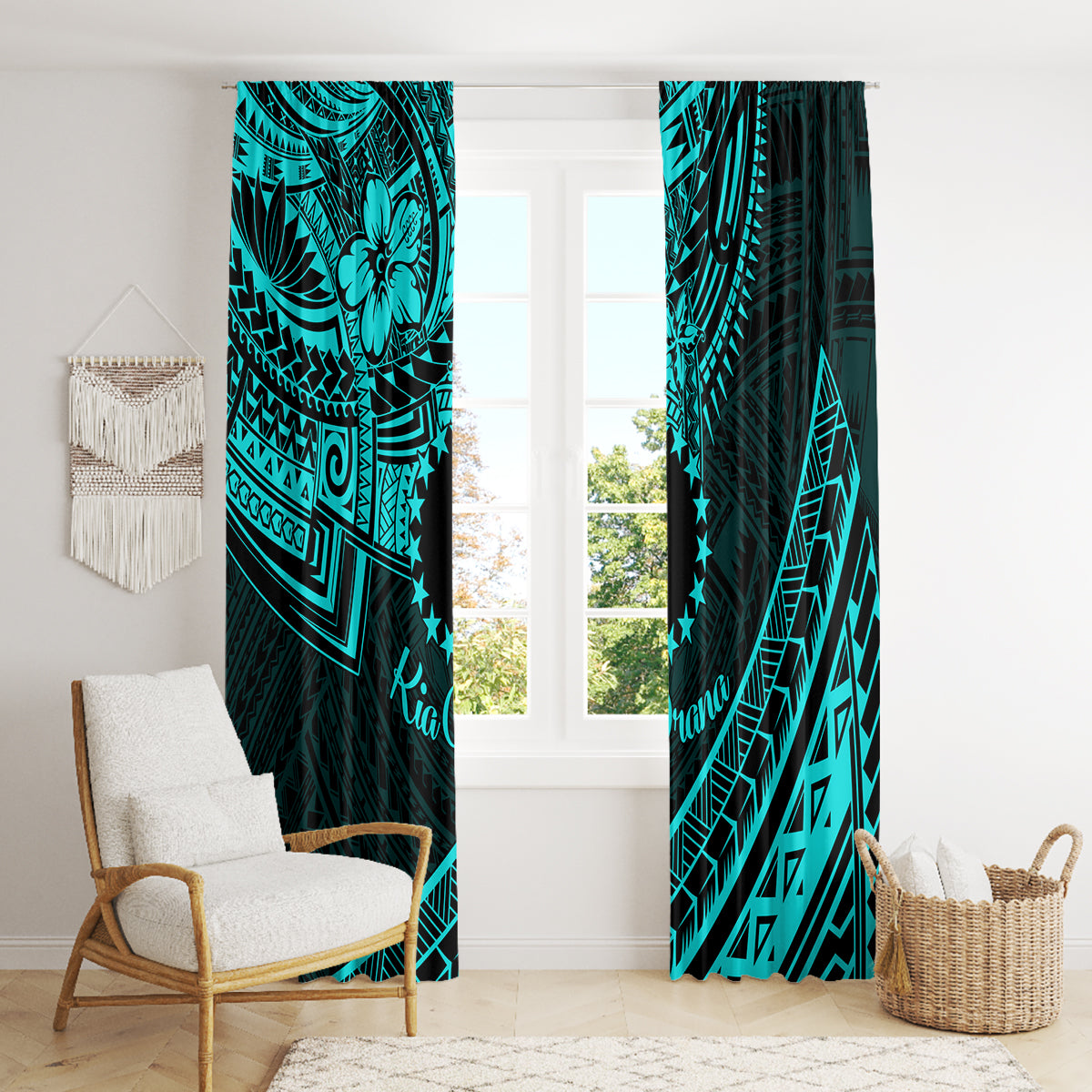 Kia Orana Cook Islands Window Curtain Circle Stars With Floral Turquoise Pattern LT01 - Polynesian Pride