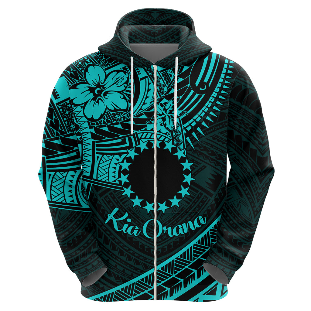 Kia Orana Cook Islands Zip Hoodie Circle Stars With Floral Turquoise Pattern LT01 - Polynesian Pride