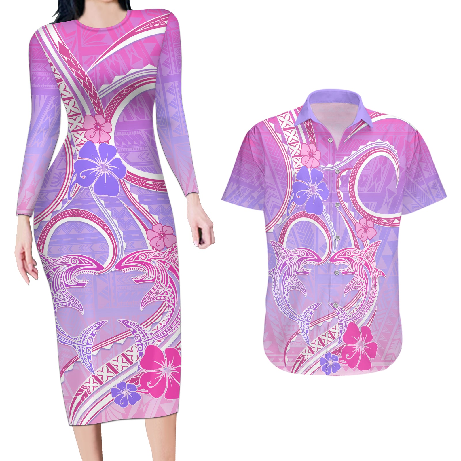 Polynesian Shark Valentine Couples Matching Long Sleeve Bodycon Dress and Hawaiian Shirt Sweet Unique Version LT01 Pink - Polynesian Pride