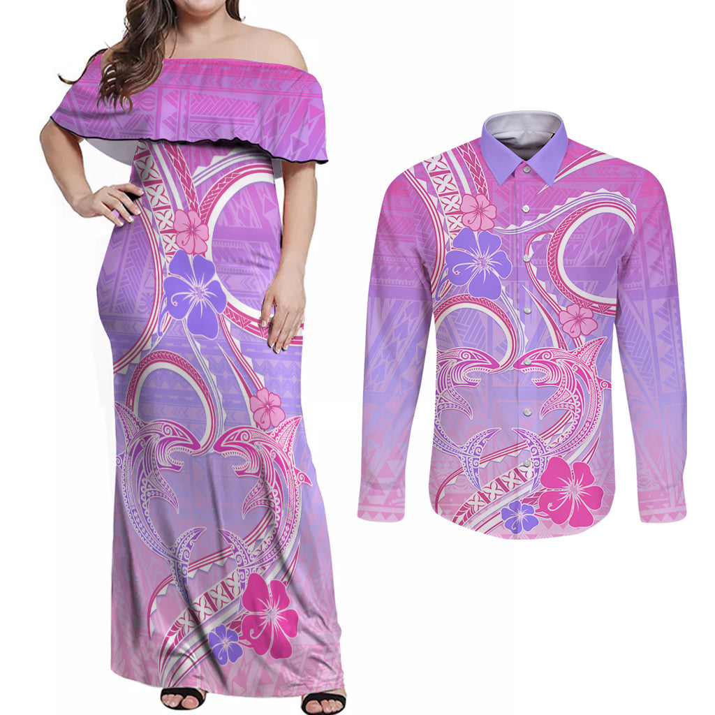 Polynesian Shark Valentine Couples Matching Off Shoulder Maxi Dress and Long Sleeve Button Shirt Sweet Unique Version LT01 Pink - Polynesian Pride