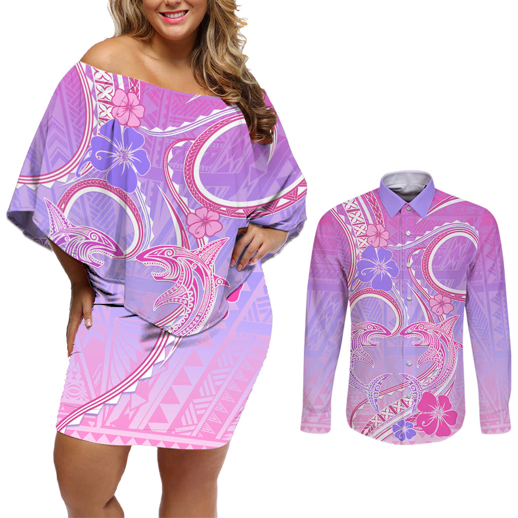 Polynesian Shark Valentine Couples Matching Off Shoulder Short Dress and Long Sleeve Button Shirt Sweet Unique Version LT01 Pink - Polynesian Pride