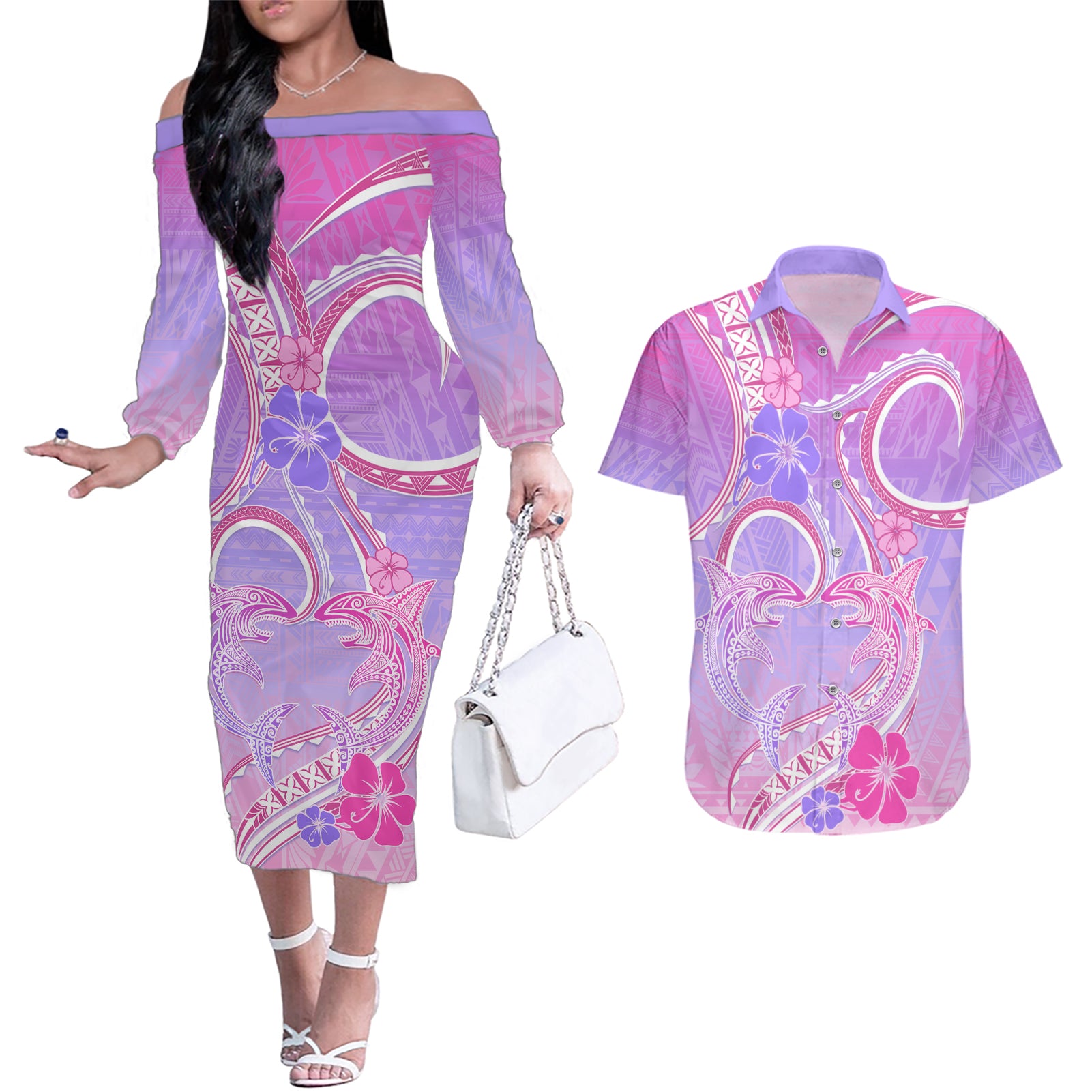 Polynesian Shark Valentine Couples Matching Off The Shoulder Long Sleeve Dress and Hawaiian Shirt Sweet Unique Version LT01 Pink - Polynesian Pride