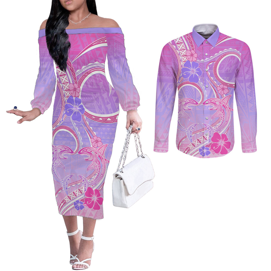 Polynesian Shark Valentine Couples Matching Off The Shoulder Long Sleeve Dress and Long Sleeve Button Shirt Sweet Unique Version LT01 Pink - Polynesian Pride