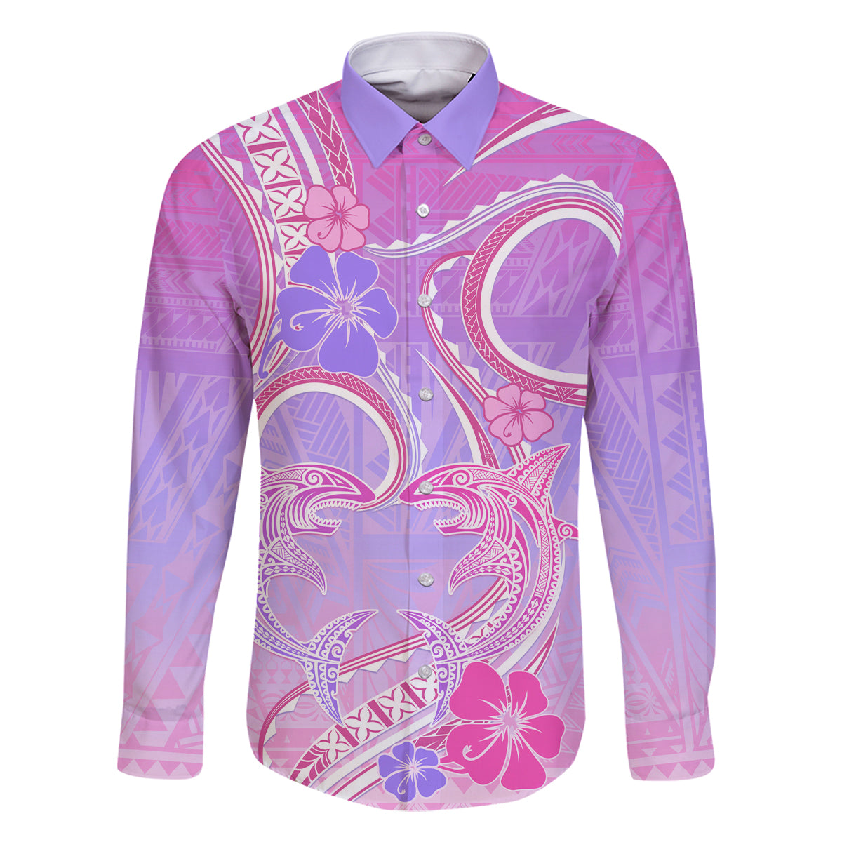 Polynesian Shark Valentine Family Matching Long Sleeve Bodycon Dress and Hawaiian Shirt Sweet Unique Version LT01 Dad's Shirt - Long Sleeve Pink - Polynesian Pride