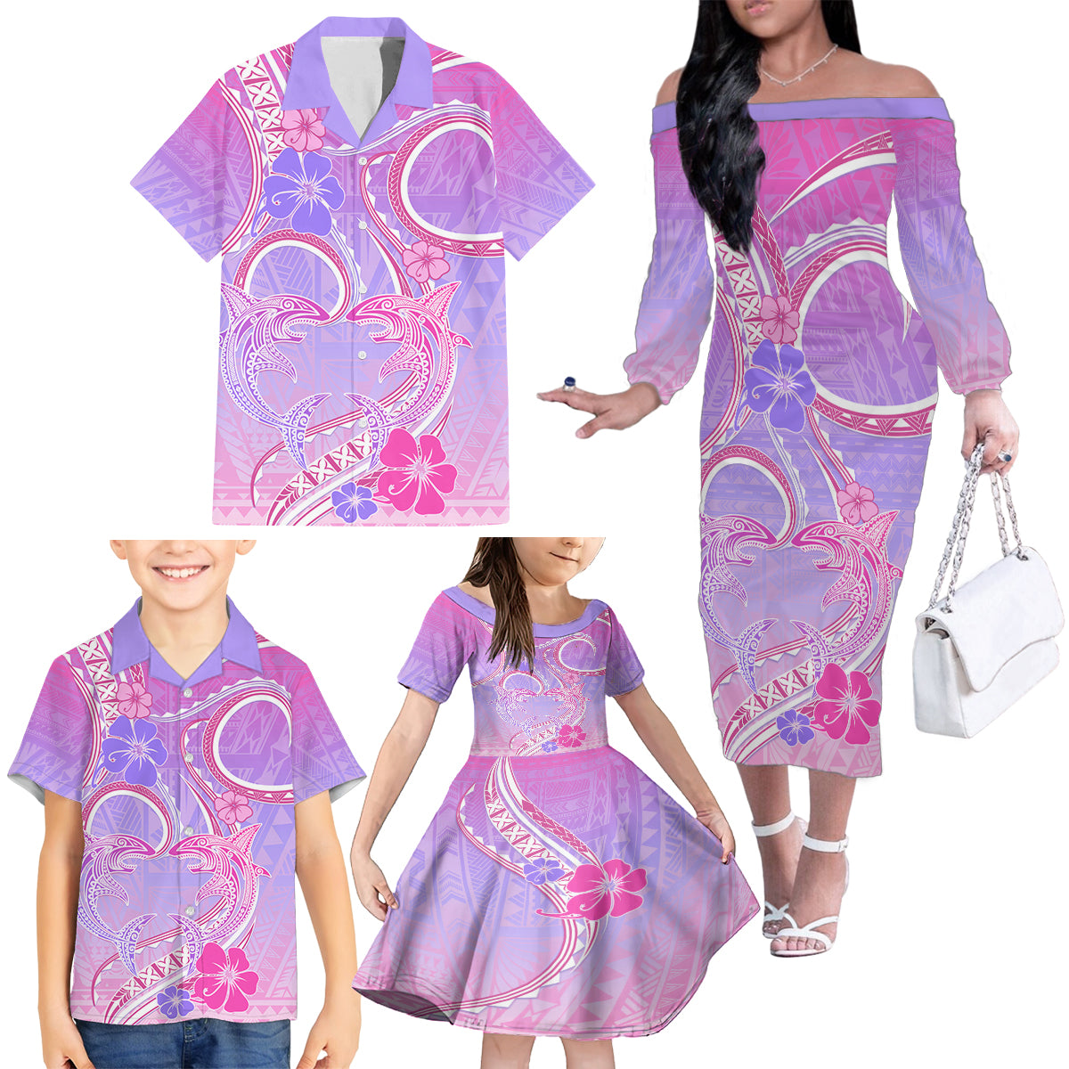 Polynesian Shark Valentine Family Matching Off Shoulder Long Sleeve Dress and Hawaiian Shirt Sweet Unique Version LT01 - Polynesian Pride