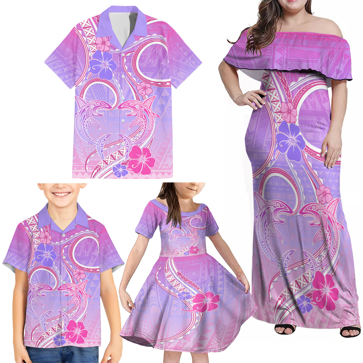 Polynesian Shark Valentine Family Matching Off Shoulder Maxi Dress and Hawaiian Shirt Sweet Unique Version LT01 - Polynesian Pride