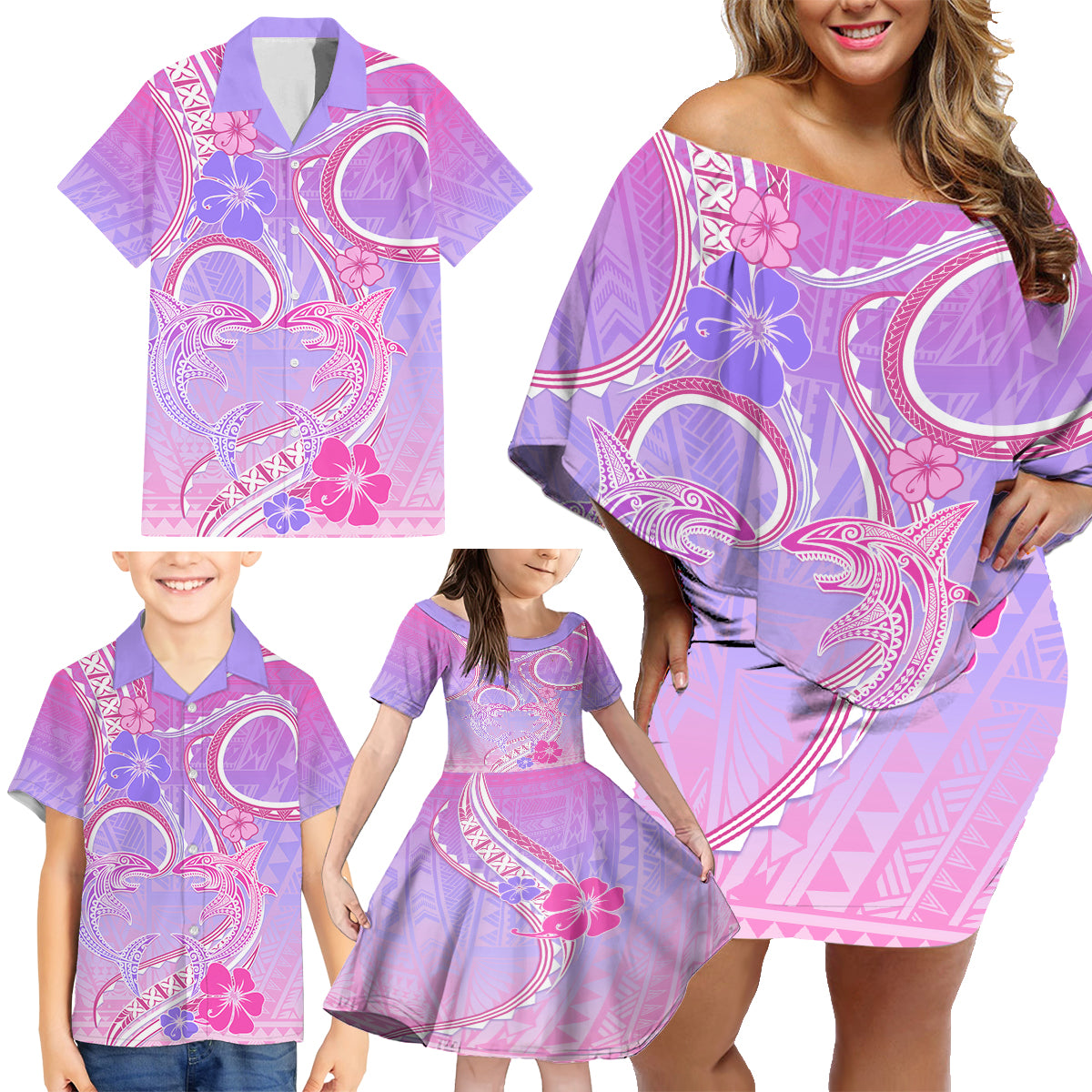 Polynesian Shark Valentine Family Matching Off Shoulder Short Dress and Hawaiian Shirt Sweet Unique Version LT01 - Polynesian Pride