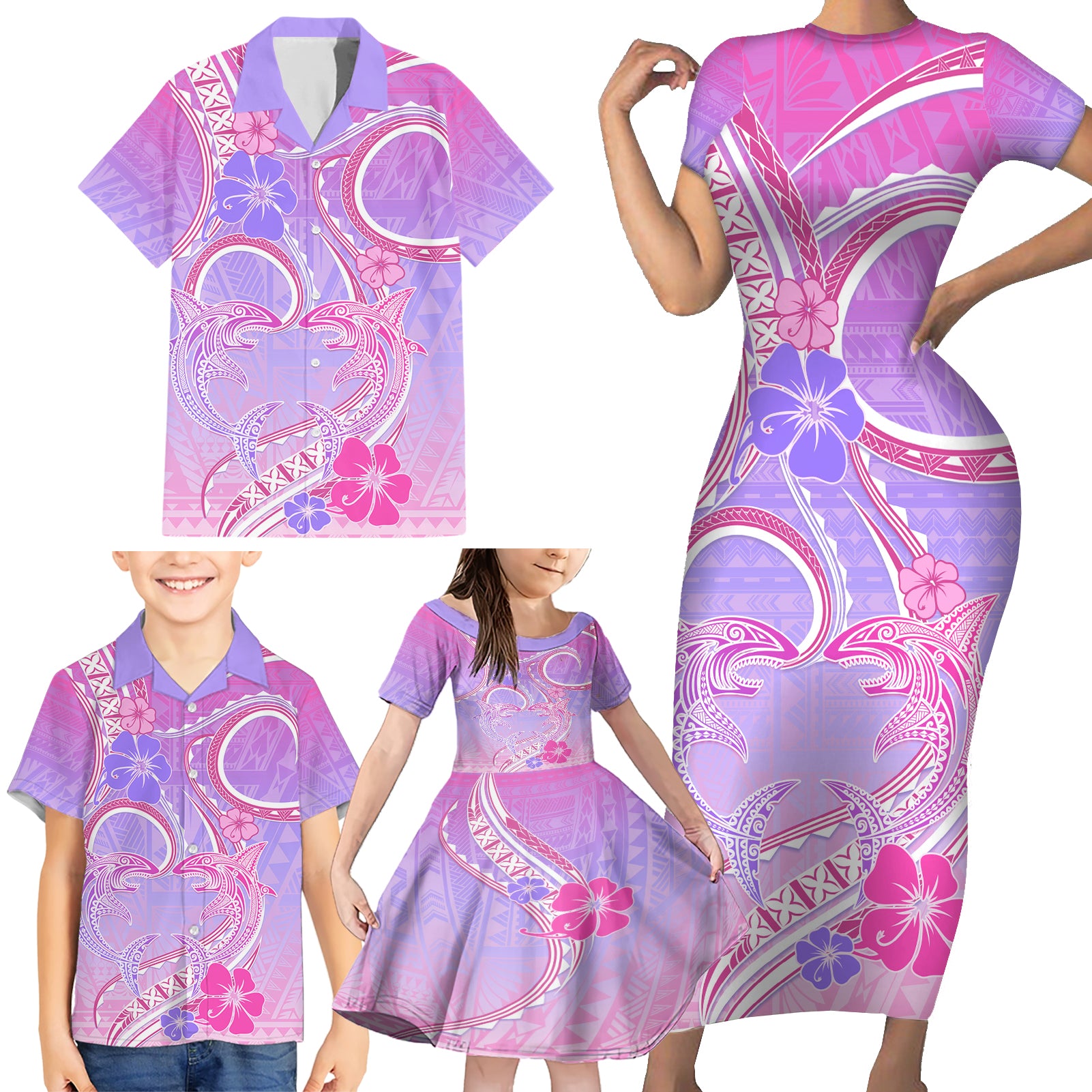 Polynesian Shark Valentine Family Matching Short Sleeve Bodycon Dress and Hawaiian Shirt Sweet Unique Version LT01 - Polynesian Pride