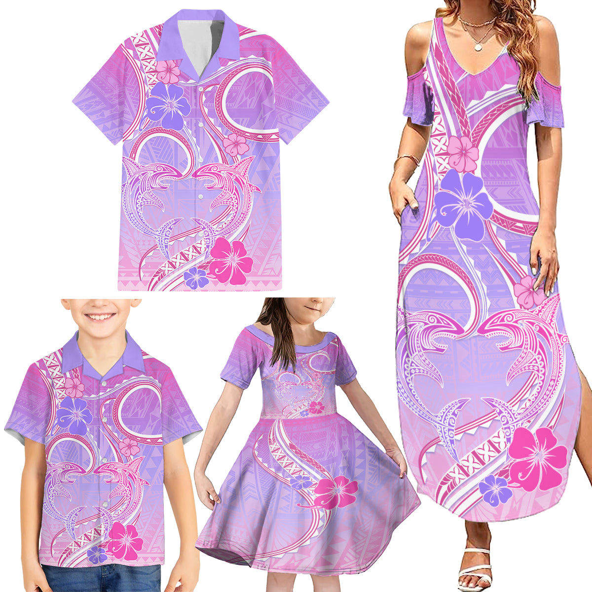 Polynesian Shark Valentine Family Matching Summer Maxi Dress and Hawaiian Shirt Sweet Unique Version LT01 - Polynesian Pride