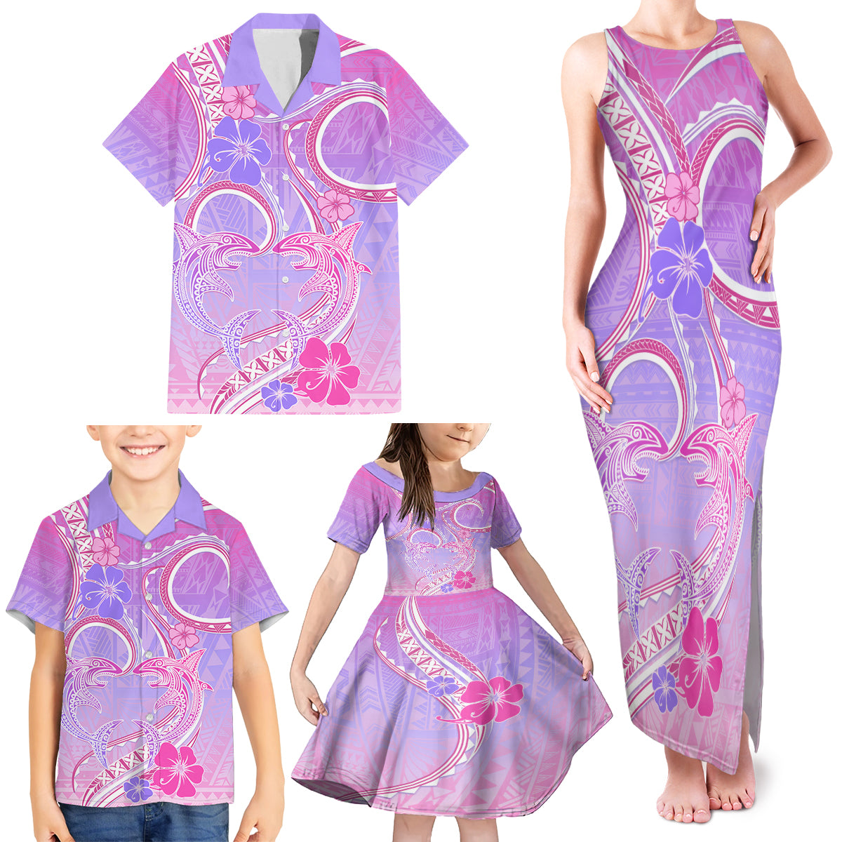 Polynesian Shark Valentine Family Matching Tank Maxi Dress and Hawaiian Shirt Sweet Unique Version LT01 - Polynesian Pride