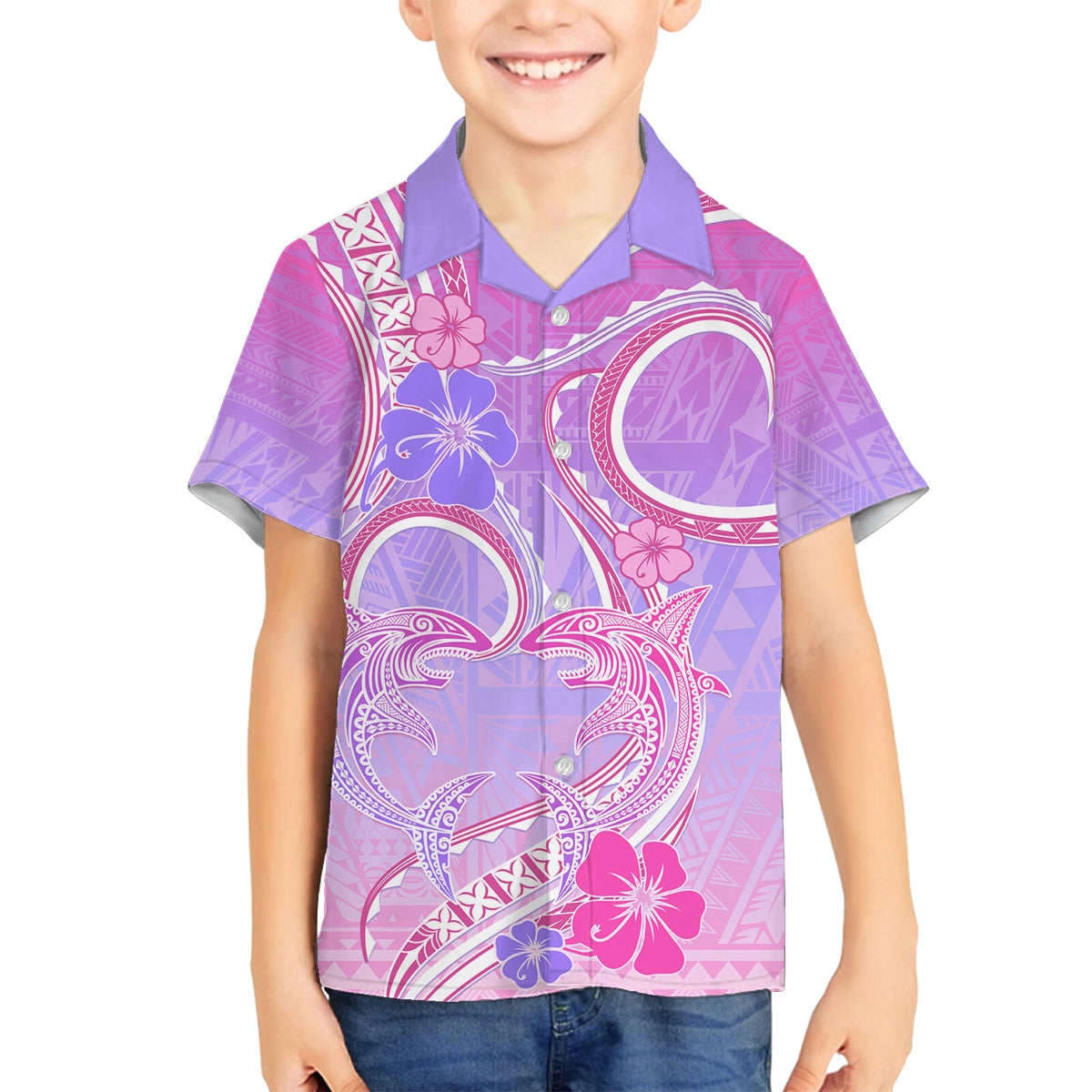 Polynesian Shark Valentine Family Matching Tank Maxi Dress and Hawaiian Shirt Sweet Unique Version LT01 Son's Shirt Pink - Polynesian Pride