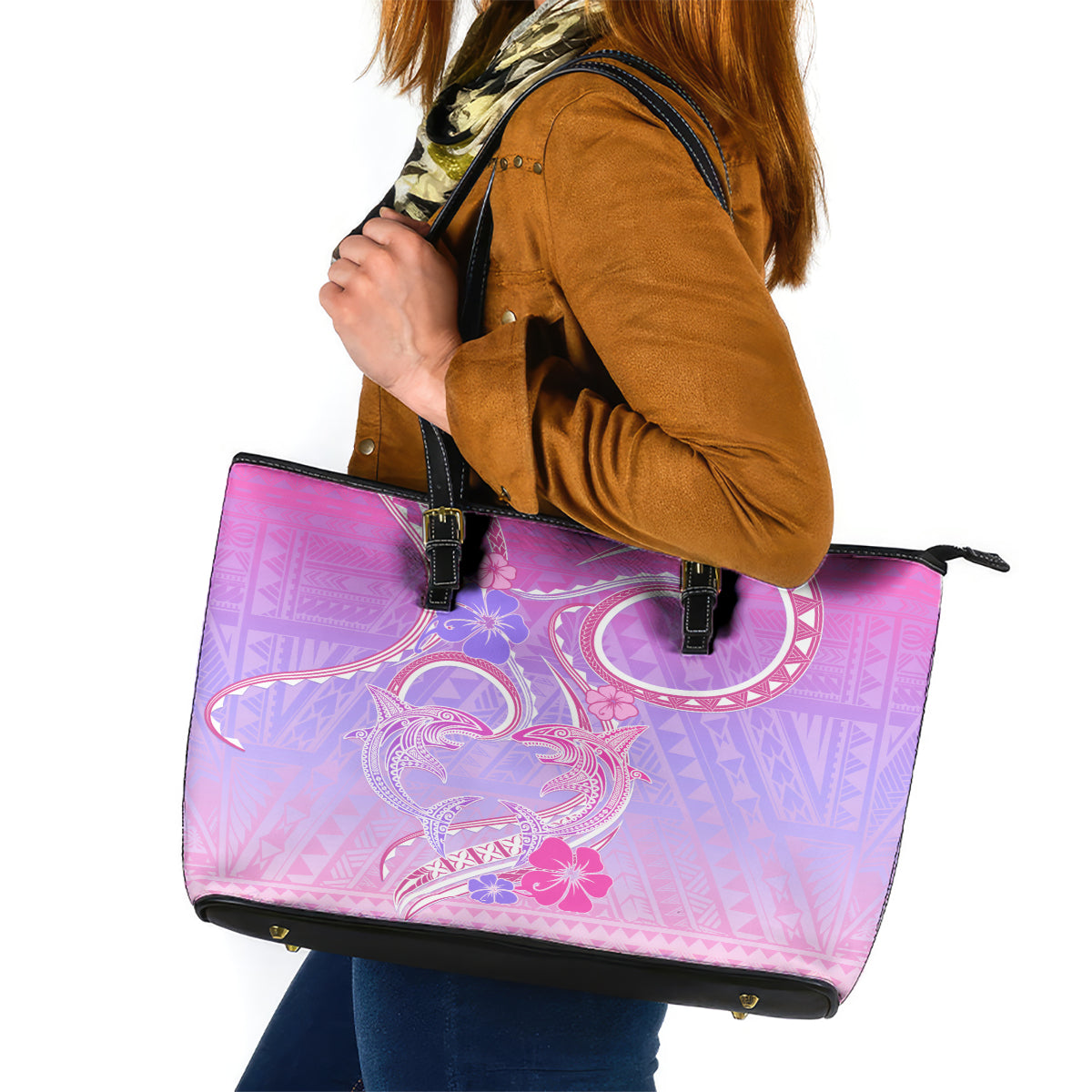 Polynesian Shark Valentine Leather Tote Bag Sweet Unique Version LT01 Pink - Polynesian Pride
