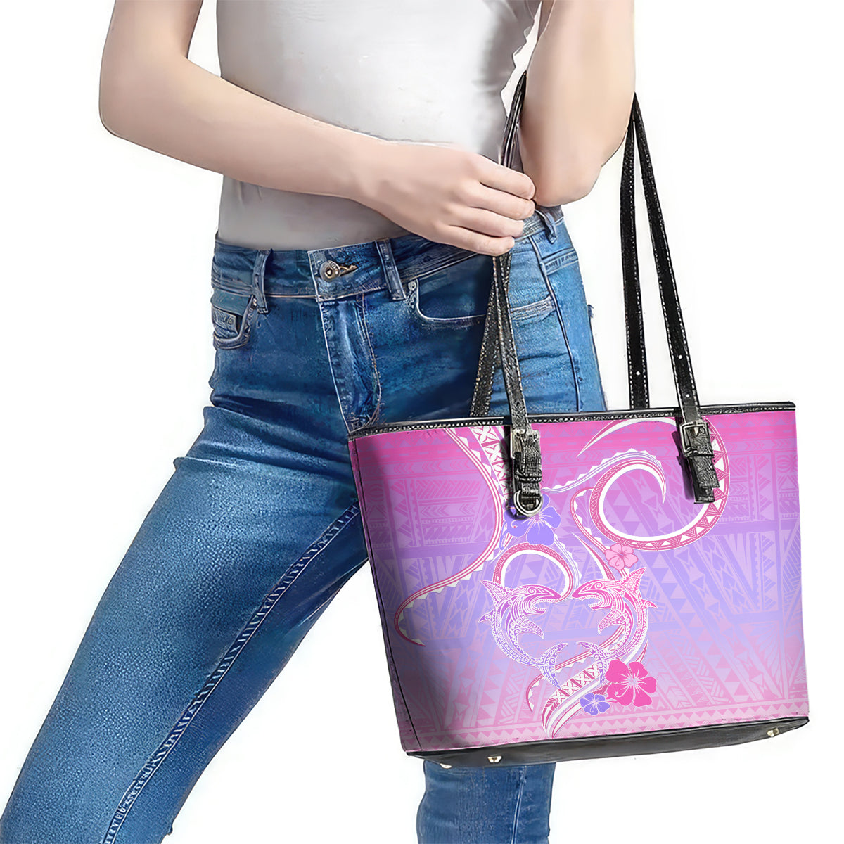 Polynesian Shark Valentine Leather Tote Bag Sweet Unique Version LT01 - Polynesian Pride