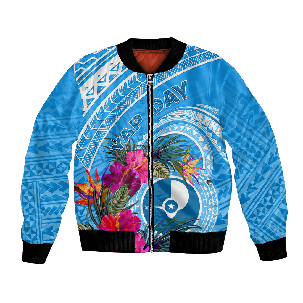 Yap Day Bomber Jacket Nam nu Waqab Tropical Flower LT01 Unisex Blue - Polynesian Pride