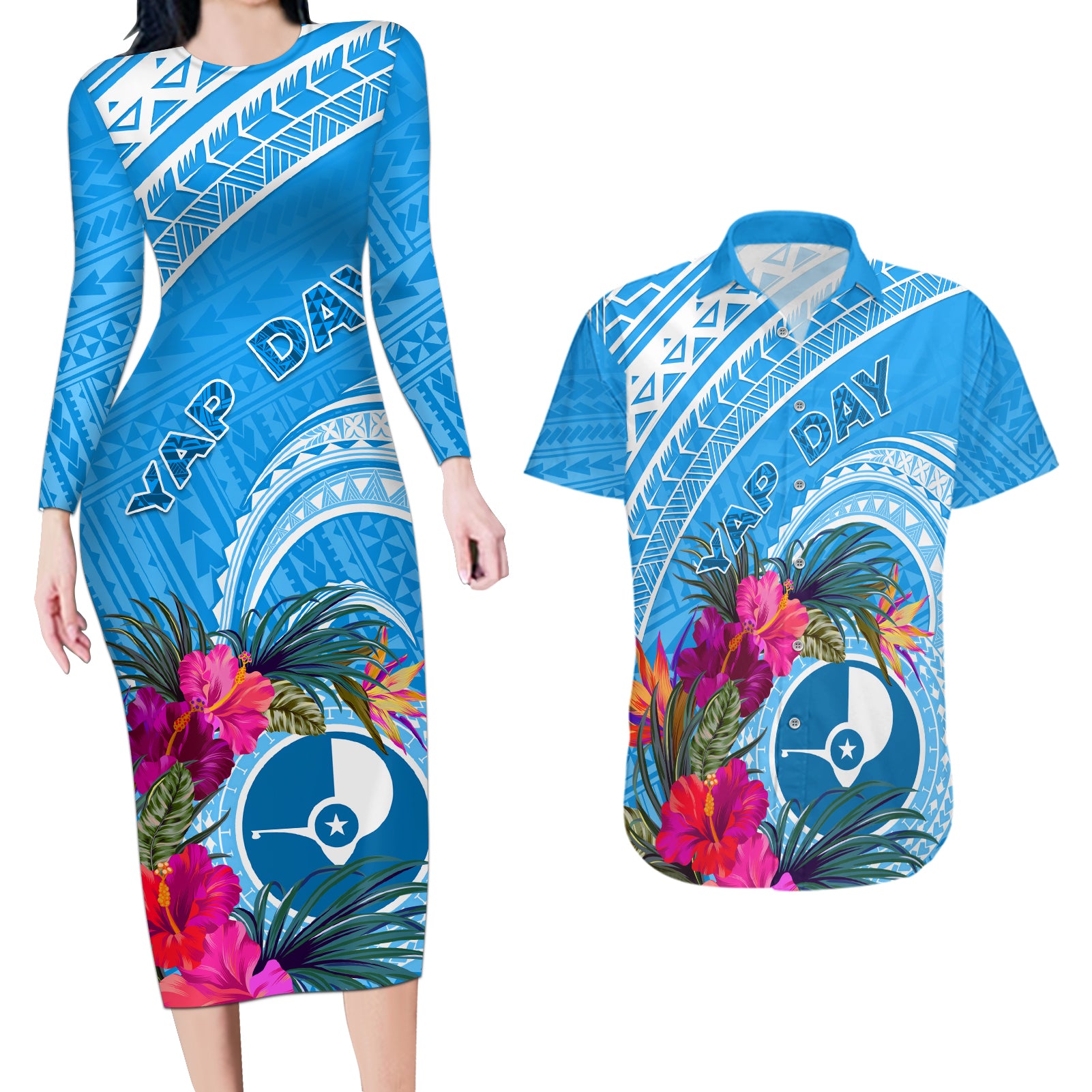 Yap Day Couples Matching Long Sleeve Bodycon Dress and Hawaiian Shirt Nam nu Waqab Tropical Flower LT01 Blue - Polynesian Pride