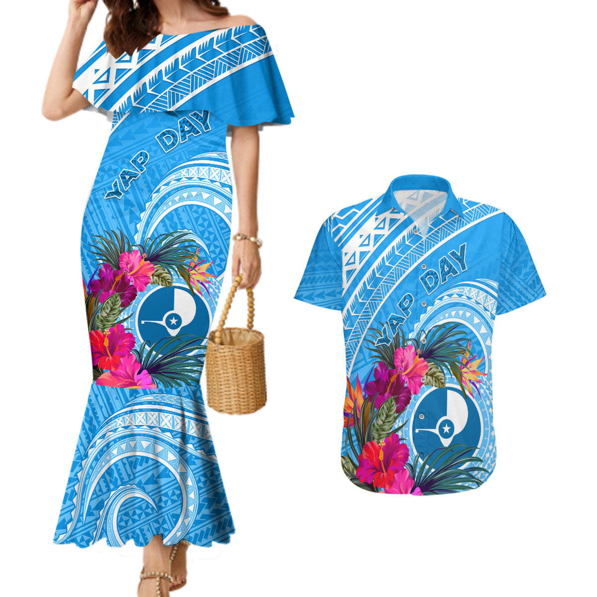 Yap Day Couples Matching Mermaid Dress and Hawaiian Shirt Nam nu Waqab Tropical Flower LT01 Blue - Polynesian Pride