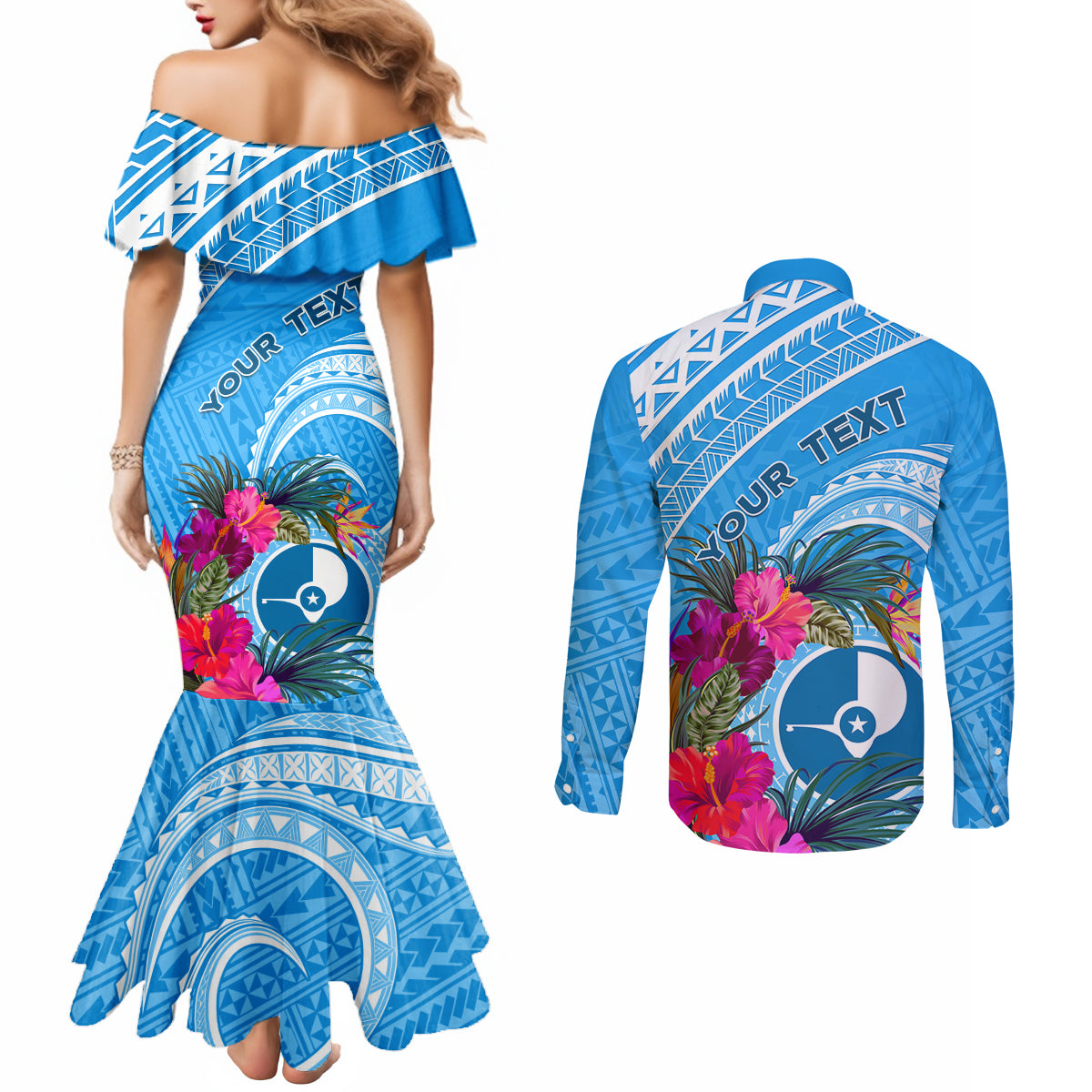 Yap Day Couples Matching Mermaid Dress and Long Sleeve Button Shirt Nam nu Waqab Tropical Flower LT01 - Polynesian Pride