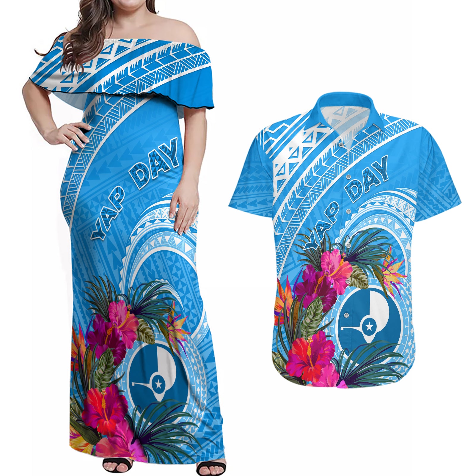 Yap Day Couples Matching Off Shoulder Maxi Dress and Hawaiian Shirt Nam nu Waqab Tropical Flower LT01 Blue - Polynesian Pride