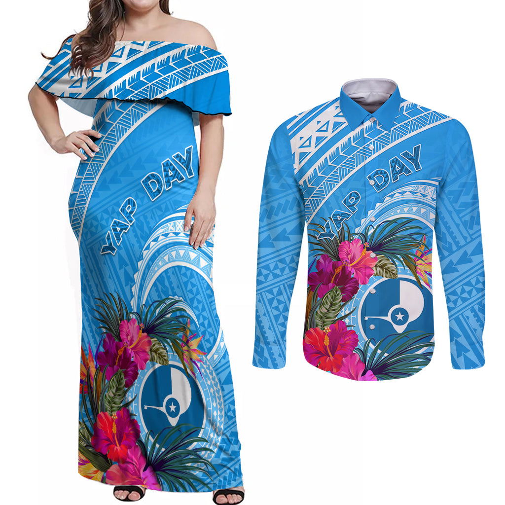 Yap Day Couples Matching Off Shoulder Maxi Dress and Long Sleeve Button Shirt Nam nu Waqab Tropical Flower LT01 Blue - Polynesian Pride