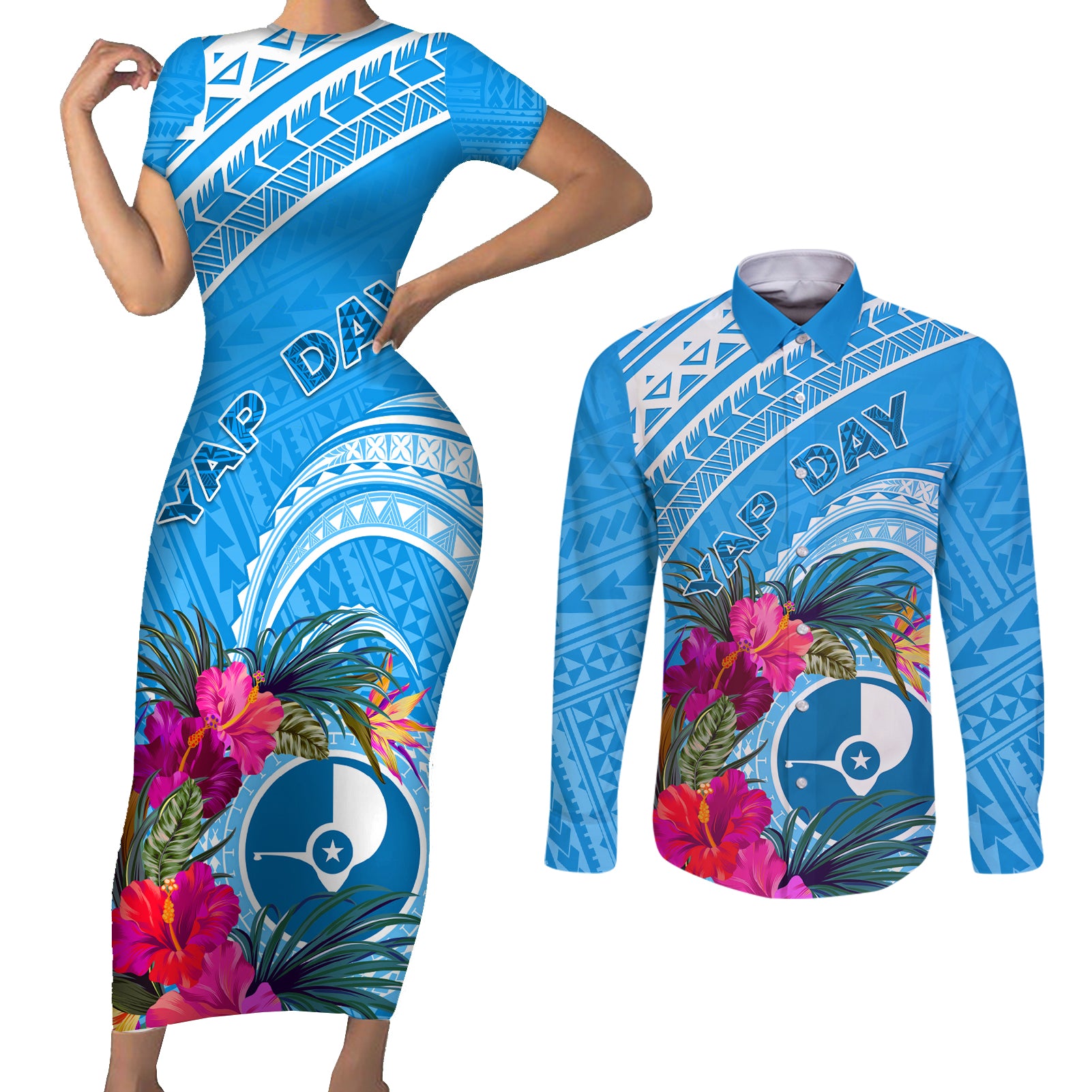 Yap Day Couples Matching Short Sleeve Bodycon Dress and Long Sleeve Button Shirt Nam nu Waqab Tropical Flower LT01 Blue - Polynesian Pride