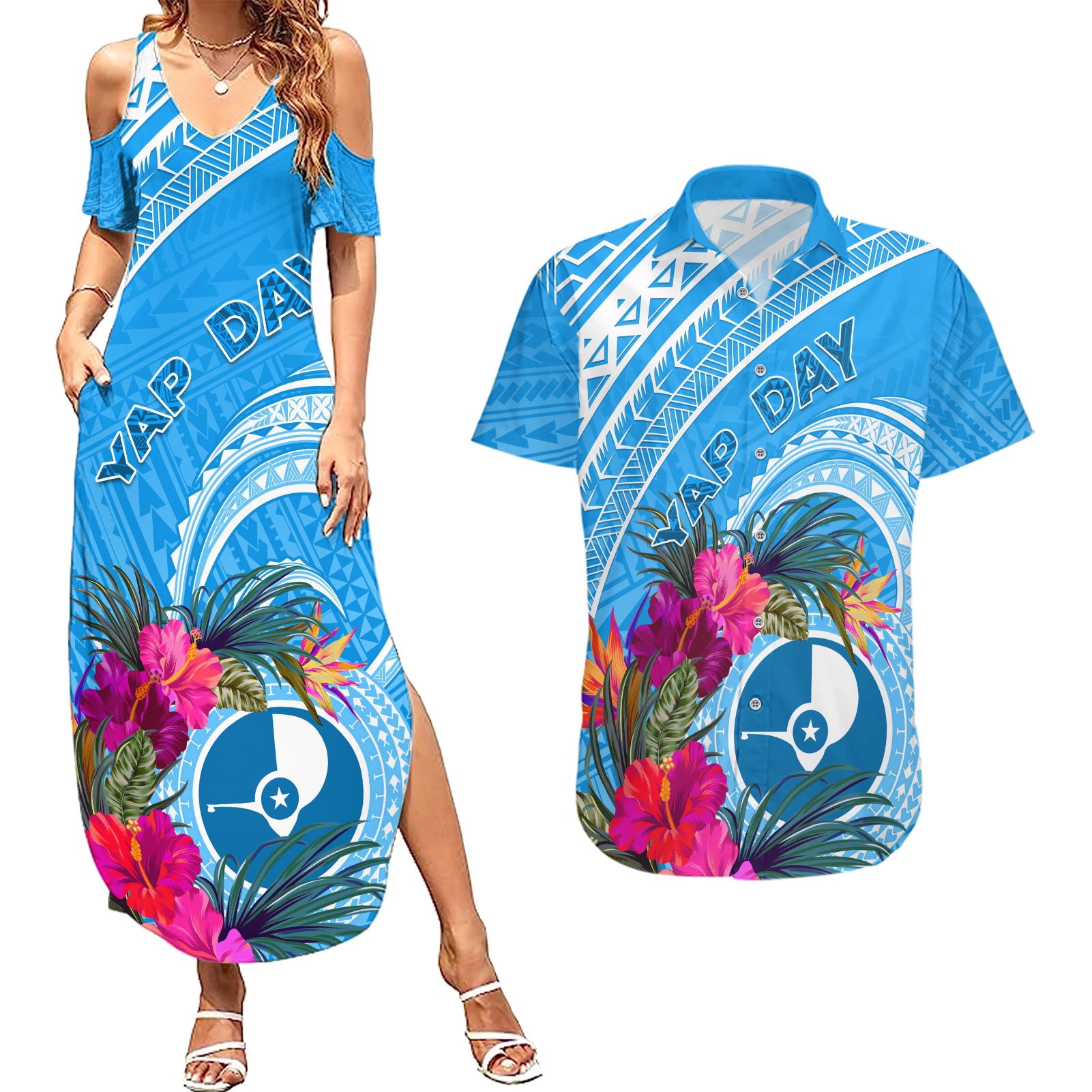 Yap Day Couples Matching Summer Maxi Dress and Hawaiian Shirt Nam nu Waqab Tropical Flower LT01 Blue - Polynesian Pride