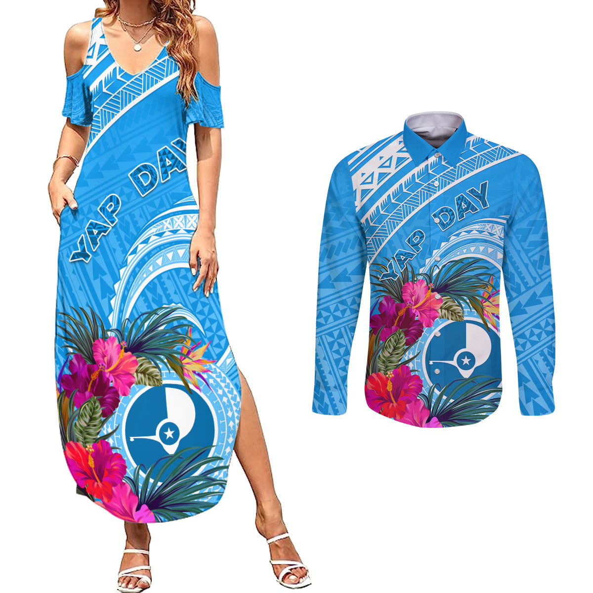 Yap Day Couples Matching Summer Maxi Dress and Long Sleeve Button Shirt Nam nu Waqab Tropical Flower LT01 Blue - Polynesian Pride