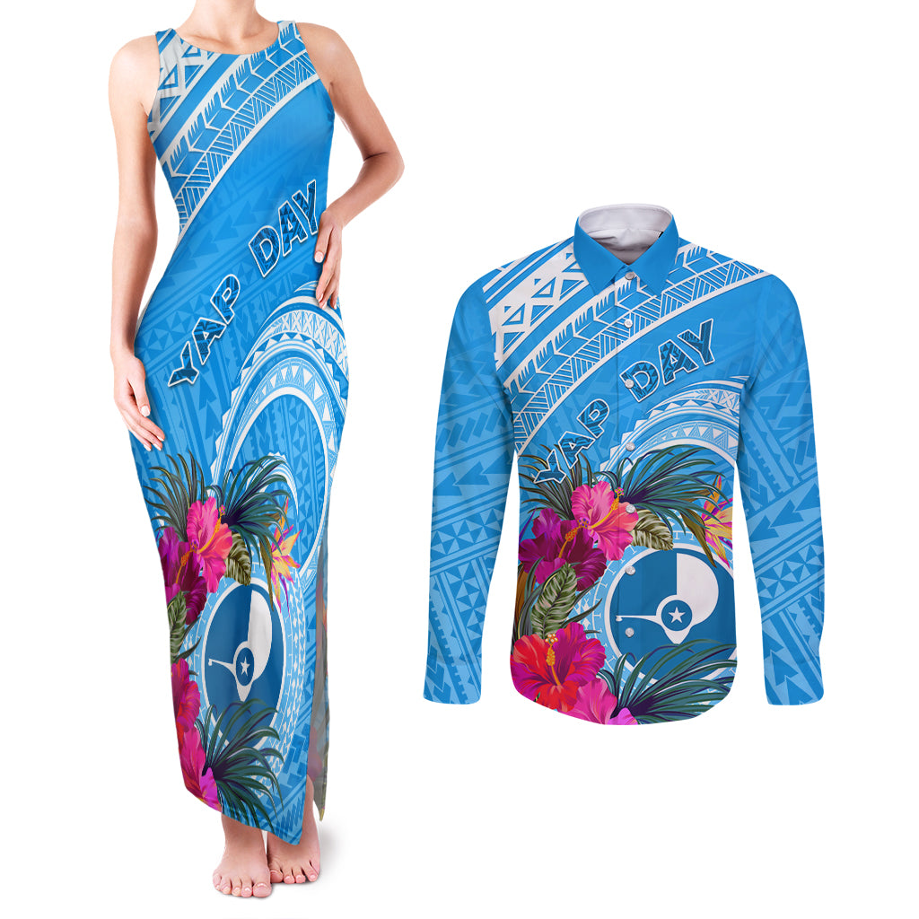 Yap Day Couples Matching Tank Maxi Dress and Long Sleeve Button Shirt Nam nu Waqab Tropical Flower LT01 Blue - Polynesian Pride