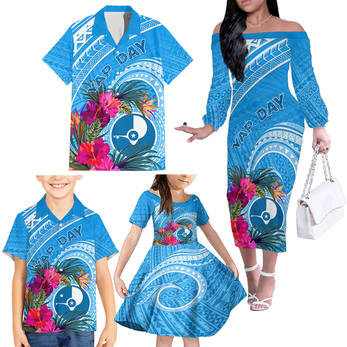 Yap Day Family Matching Off Shoulder Long Sleeve Dress and Hawaiian Shirt Nam nu Waqab Tropical Flower LT01 - Polynesian Pride