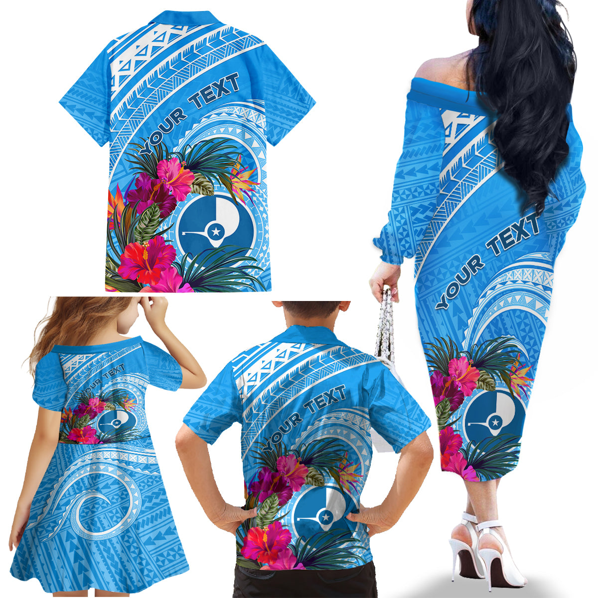 Yap Day Family Matching Off Shoulder Long Sleeve Dress and Hawaiian Shirt Nam nu Waqab Tropical Flower LT01 - Polynesian Pride