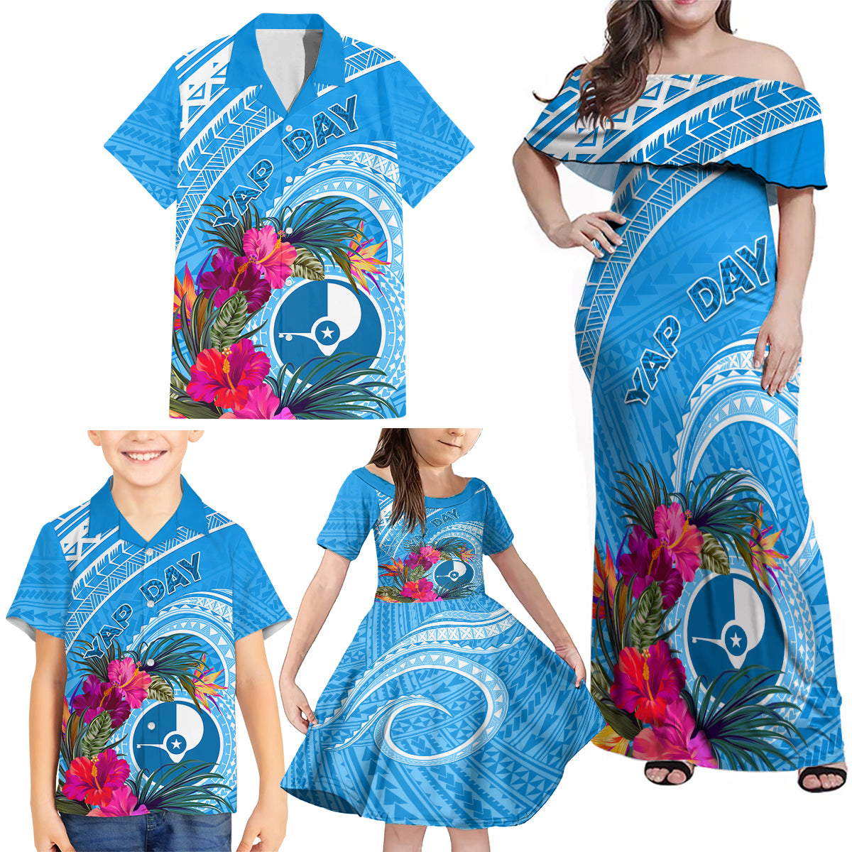 Yap Day Family Matching Off Shoulder Maxi Dress and Hawaiian Shirt Nam nu Waqab Tropical Flower LT01 - Polynesian Pride