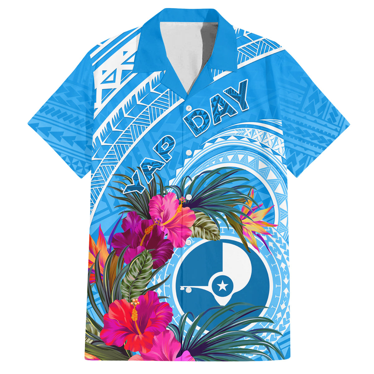 Yap Day Family Matching Off Shoulder Maxi Dress and Hawaiian Shirt Nam nu Waqab Tropical Flower LT01 Dad's Shirt - Short Sleeve Blue - Polynesian Pride