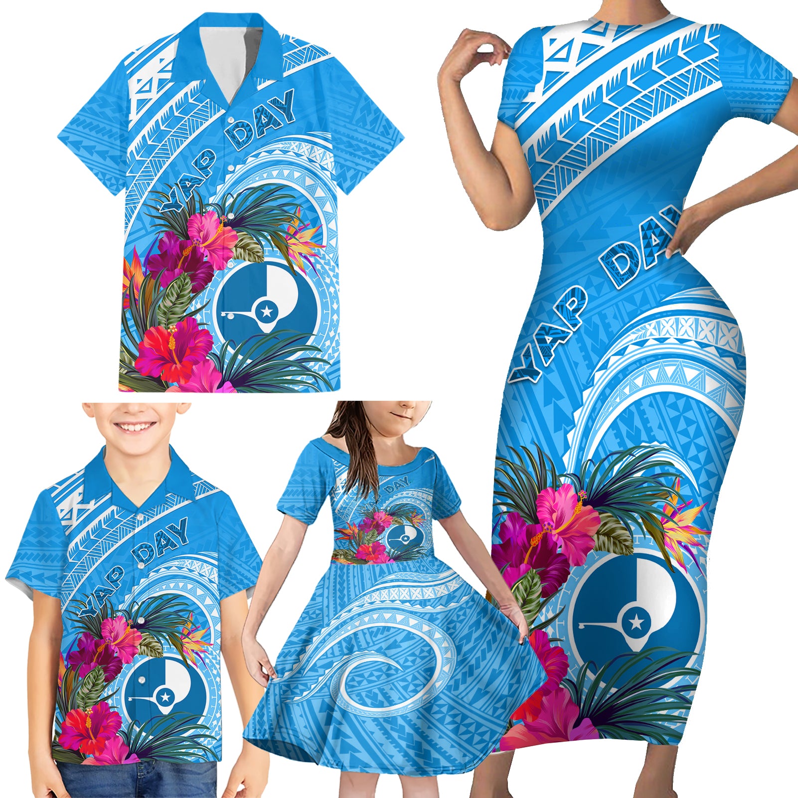 Yap Day Family Matching Short Sleeve Bodycon Dress and Hawaiian Shirt Nam nu Waqab Tropical Flower LT01 - Polynesian Pride