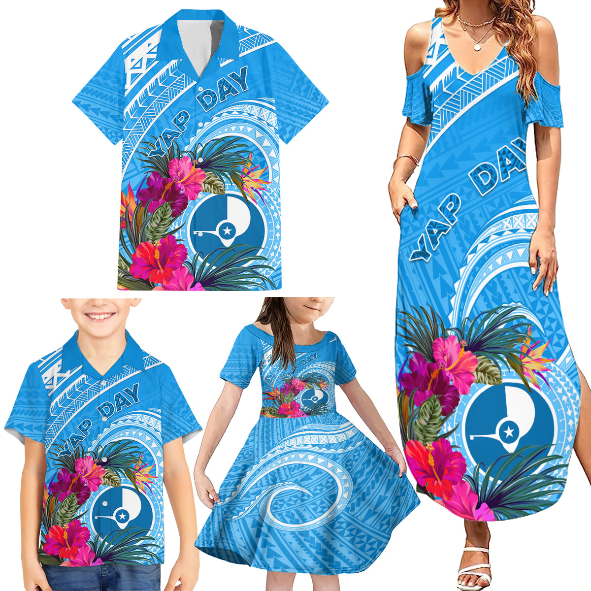 Yap Day Family Matching Summer Maxi Dress and Hawaiian Shirt Nam nu Waqab Tropical Flower LT01 - Polynesian Pride