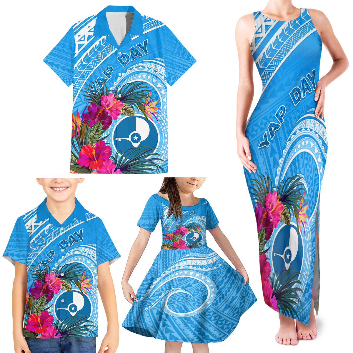 Yap Day Family Matching Tank Maxi Dress and Hawaiian Shirt Nam nu Waqab Tropical Flower LT01 - Polynesian Pride