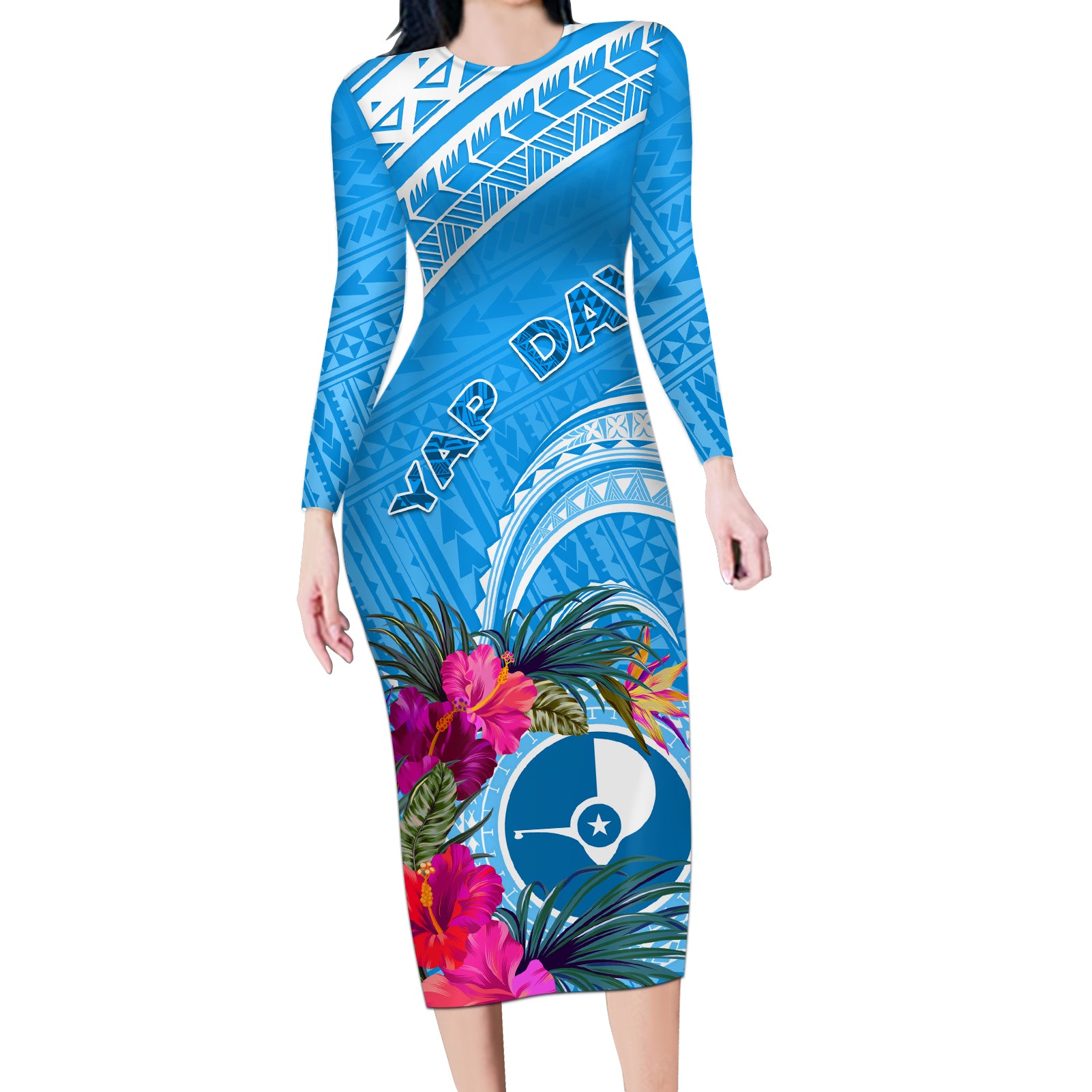 Yap Day Long Sleeve Bodycon Dress Nam nu Waqab Tropical Flower LT01 Long Dress Blue - Polynesian Pride