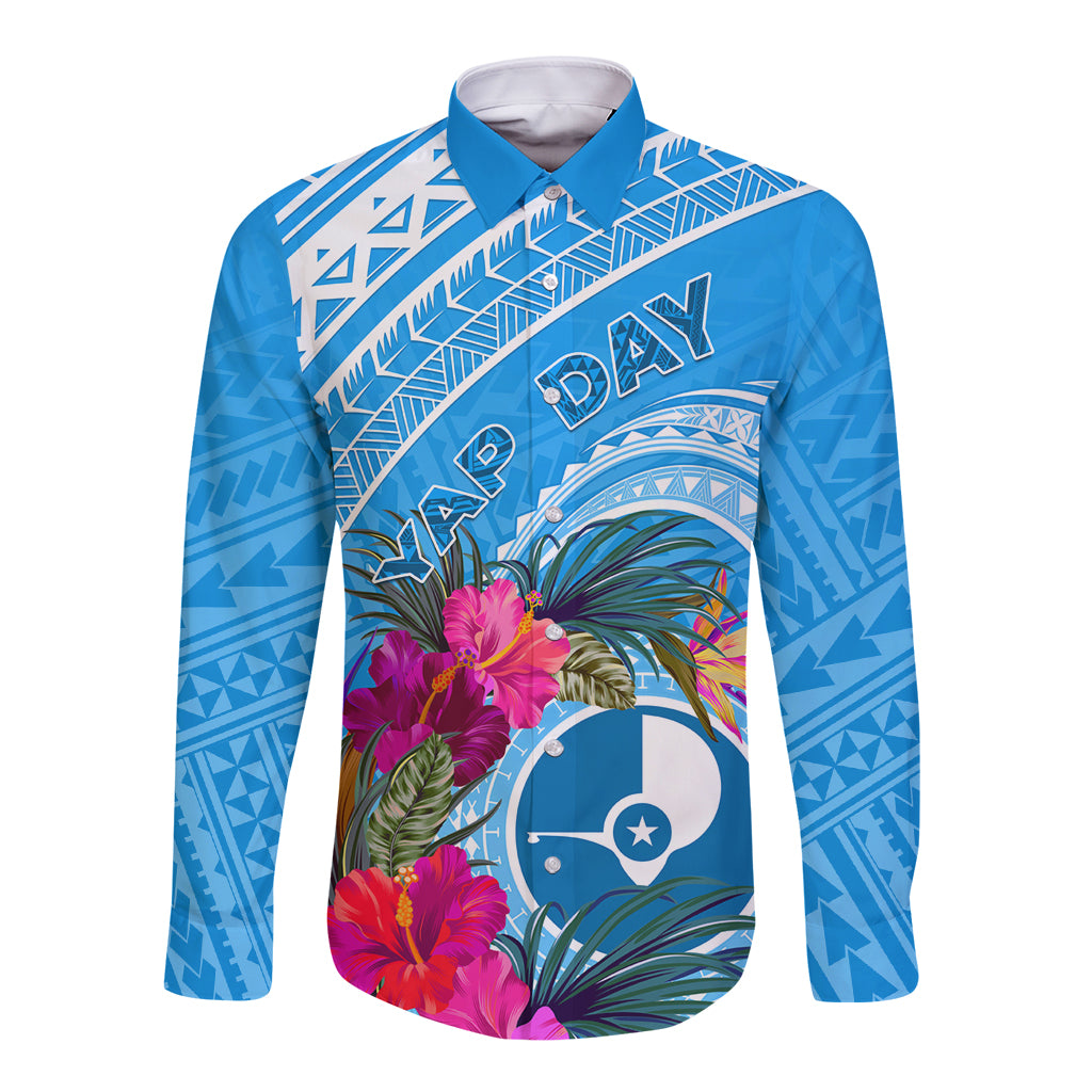 Yap Day Long Sleeve Button Shirt Nam nu Waqab Tropical Flower LT01 Unisex Blue - Polynesian Pride