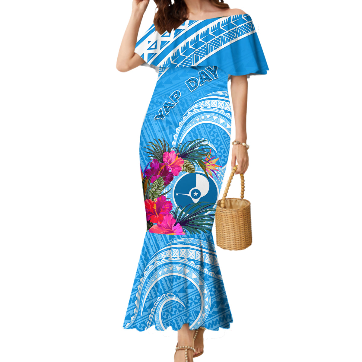 Yap Day Mermaid Dress Nam nu Waqab Tropical Flower LT01 Women Blue - Polynesian Pride