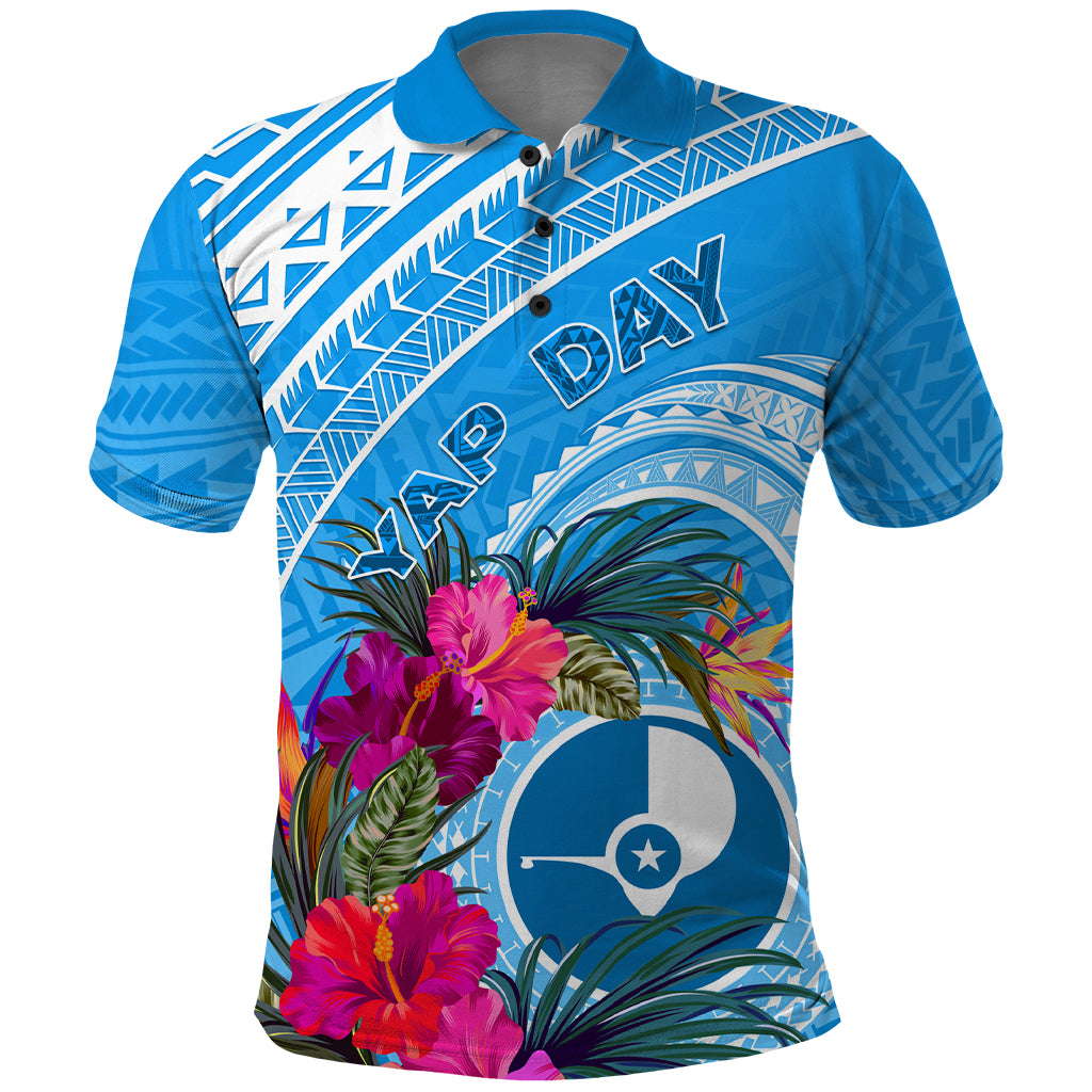 Yap Day Polo Shirt Nam nu Waqab Tropical Flower LT01 Blue - Polynesian Pride