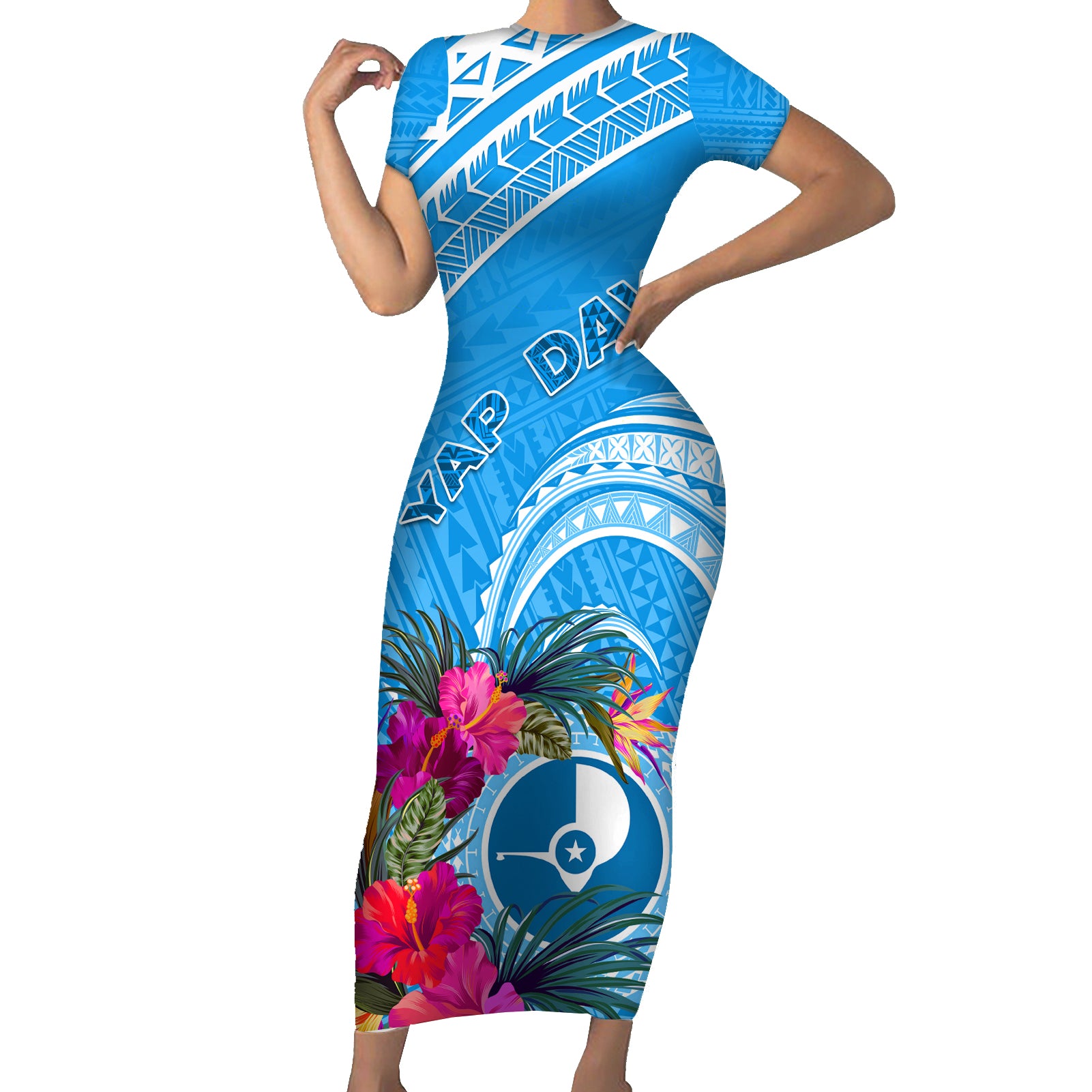 Yap Day Short Sleeve Bodycon Dress Nam nu Waqab Tropical Flower LT01 Long Dress Blue - Polynesian Pride