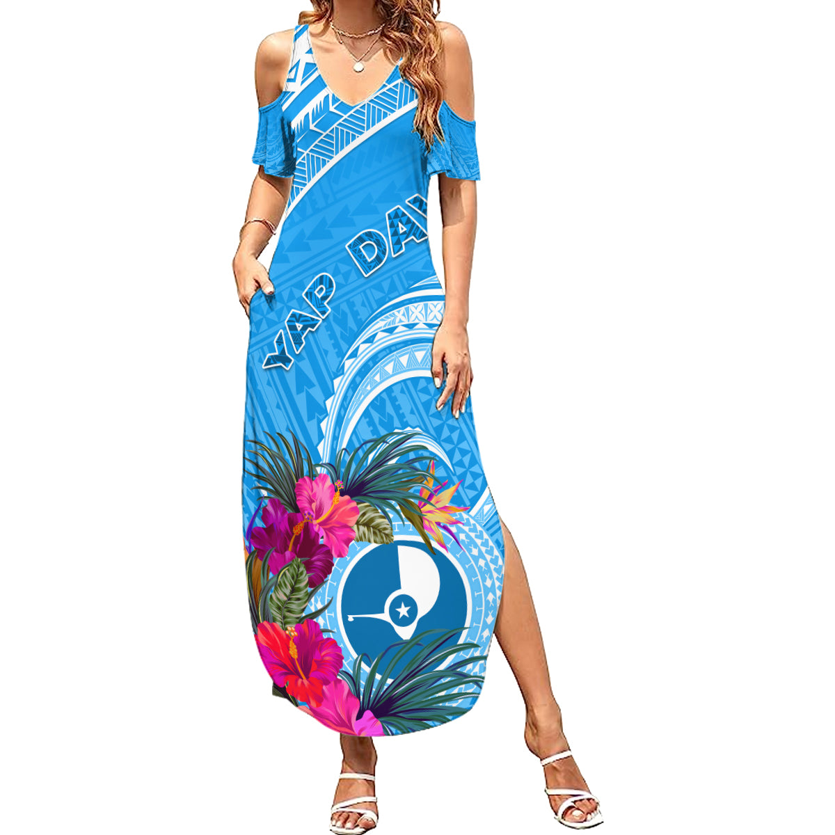 Yap Day Summer Maxi Dress Nam nu Waqab Tropical Flower LT01 Women Blue - Polynesian Pride