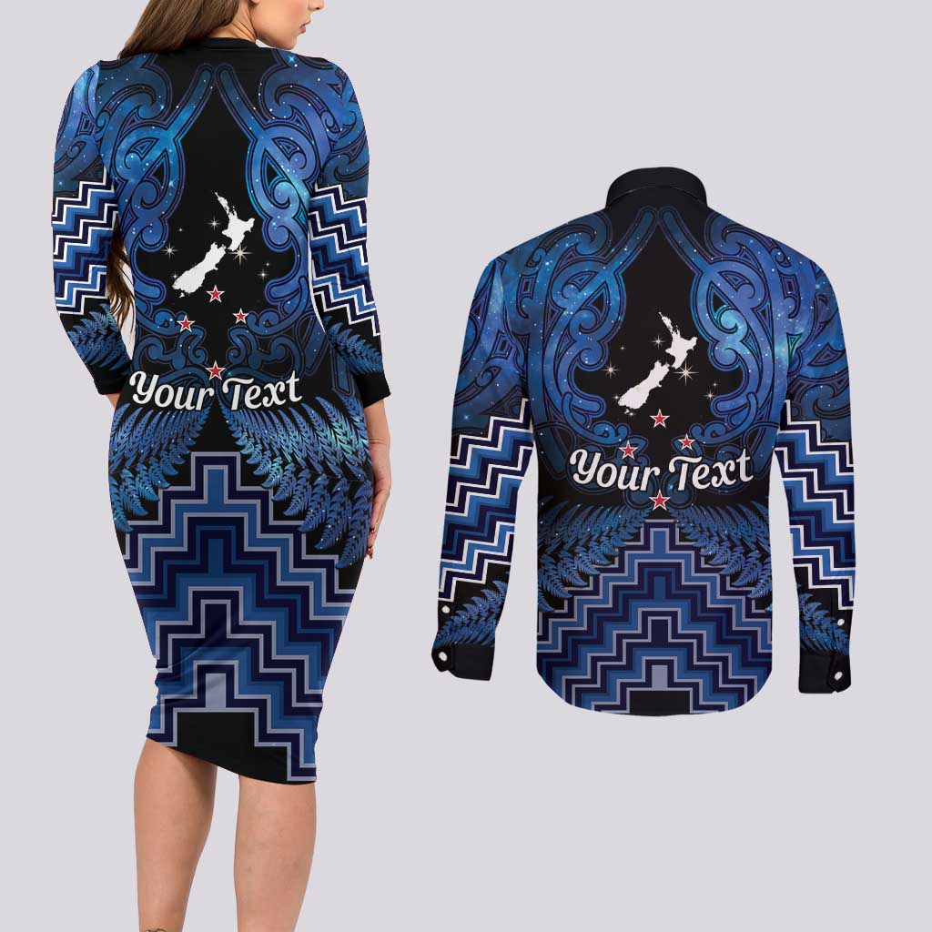 Personalised Aotearoa Matariki Couples Matching Long Sleeve Bodycon Dress and Long Sleeve Button Shirt Blue Fern Maori Poutama