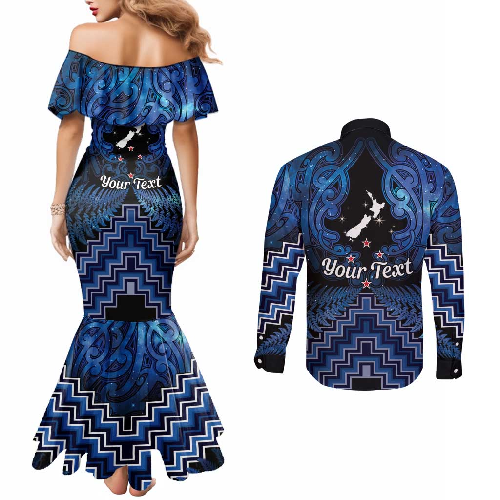 Personalised Aotearoa Matariki Couples Matching Mermaid Dress and Long Sleeve Button Shirt Blue Fern Maori Poutama