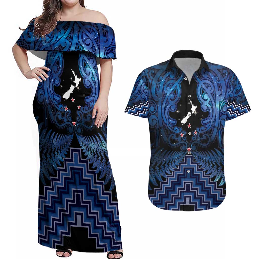 Personalised Aotearoa Matariki Couples Matching Off Shoulder Maxi Dress and Hawaiian Shirt Blue Fern Maori Poutama
