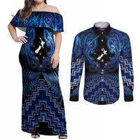 Personalised Aotearoa Matariki Couples Matching Off Shoulder Maxi Dress and Long Sleeve Button Shirt Blue Fern Maori Poutama
